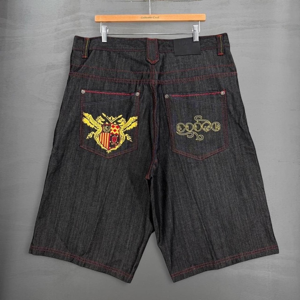 Vintage Coogi Denim Shorts Black Baggy Embroidered Y2K Crest Red Stitch 42